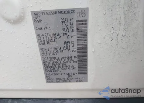 2020 Nissan Rogue Sv Intelligent Awd z USA, uszkodzony, nr VIN 5N1AT2MV7LC786567